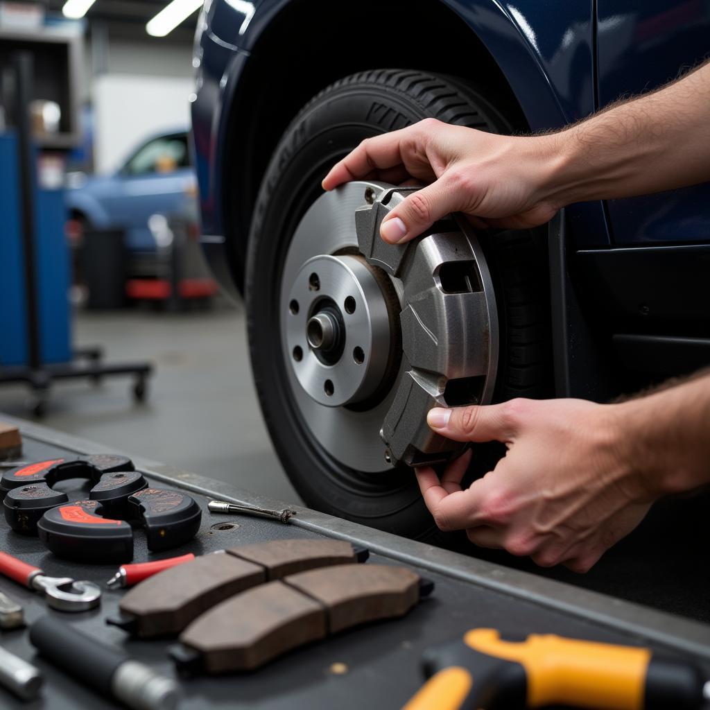 Close-up of a mechanic inspecting car brakes