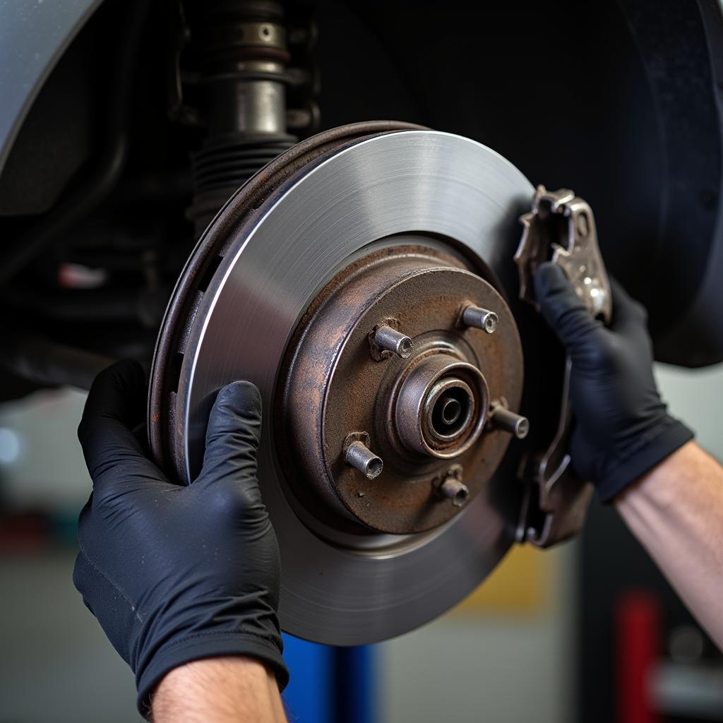 Mechanic inspecting car brake pads