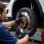 Mechanic replacing brake pads in a Dundee garage