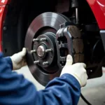 Mechanic inspecting car brakes