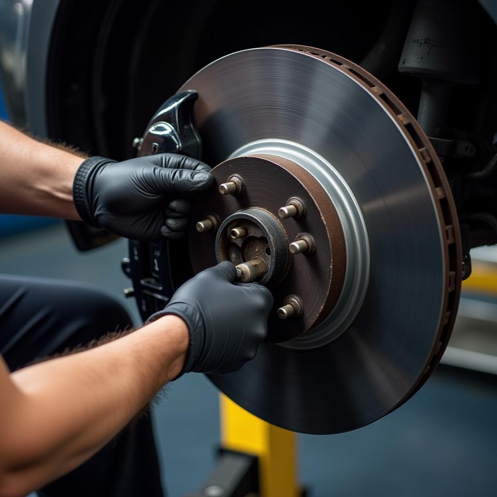 Mechanic inspecting car brake system