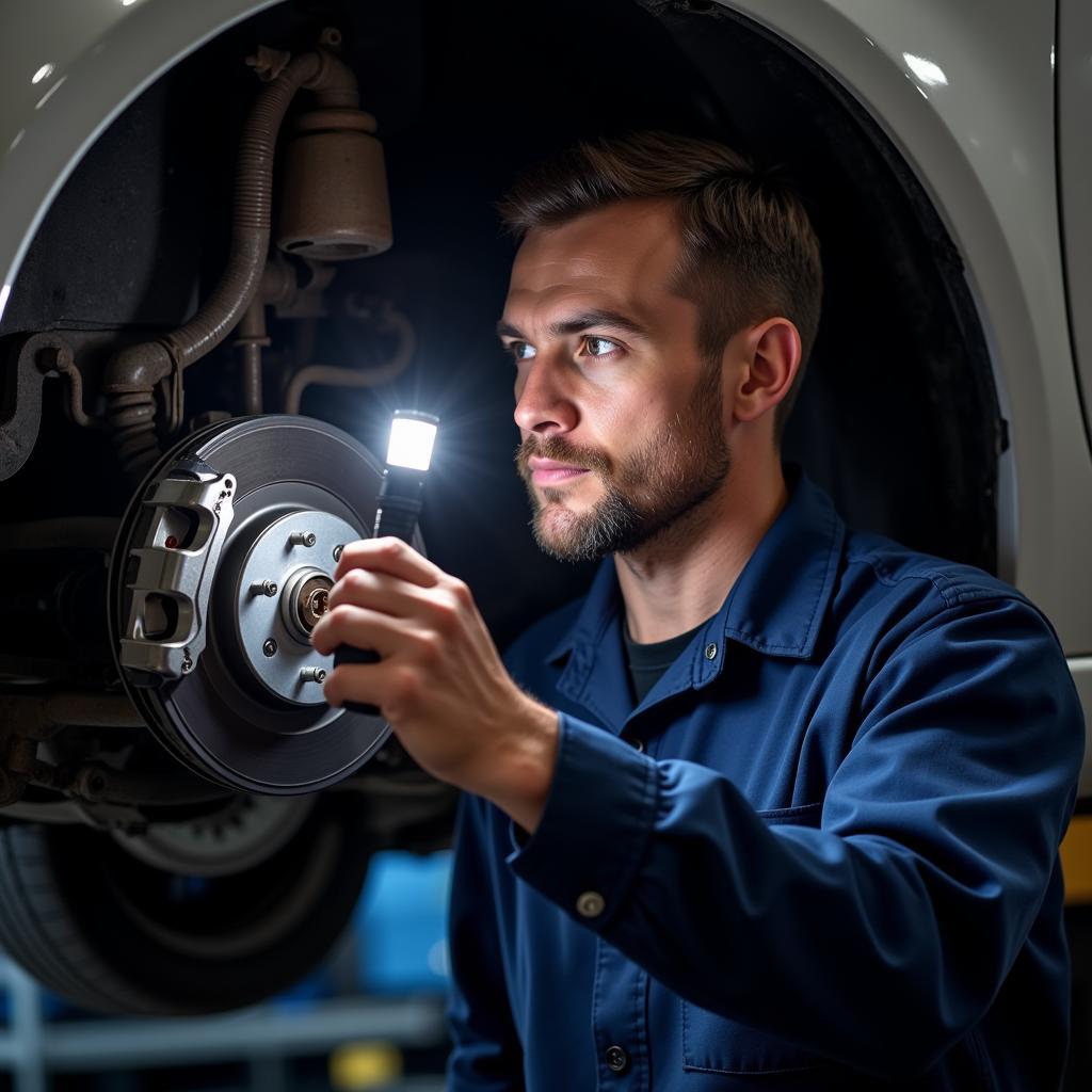 Mechanic Inspecting a Car's Brake System