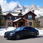 Black car parked in front of a snowy mountain vista