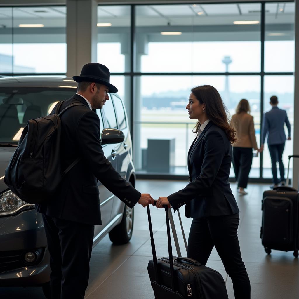 Professional chauffeur assisting passenger with luggage at the airport