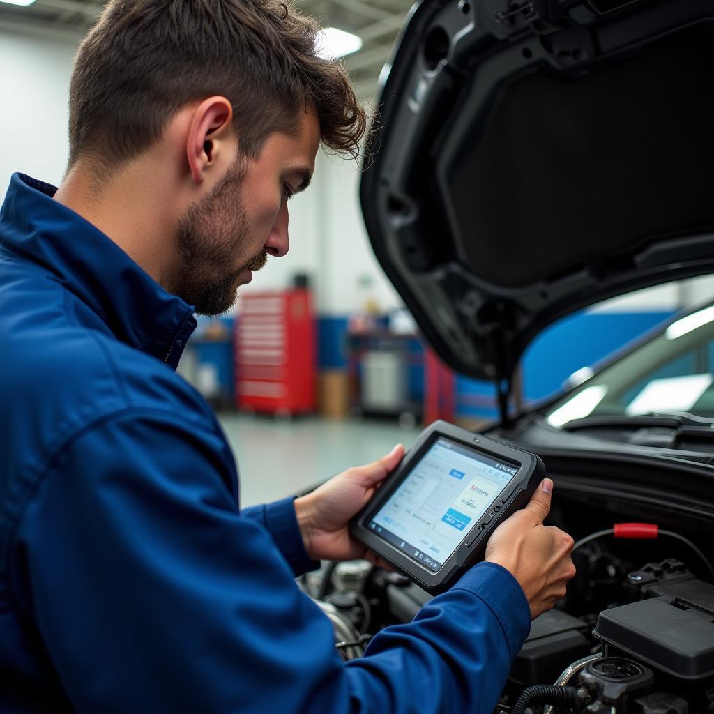 Brooklyn car mechanic using a diagnostic tool on a vehicle