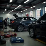 Brooklyn car repair shop interior with mechanic working on a vehicle