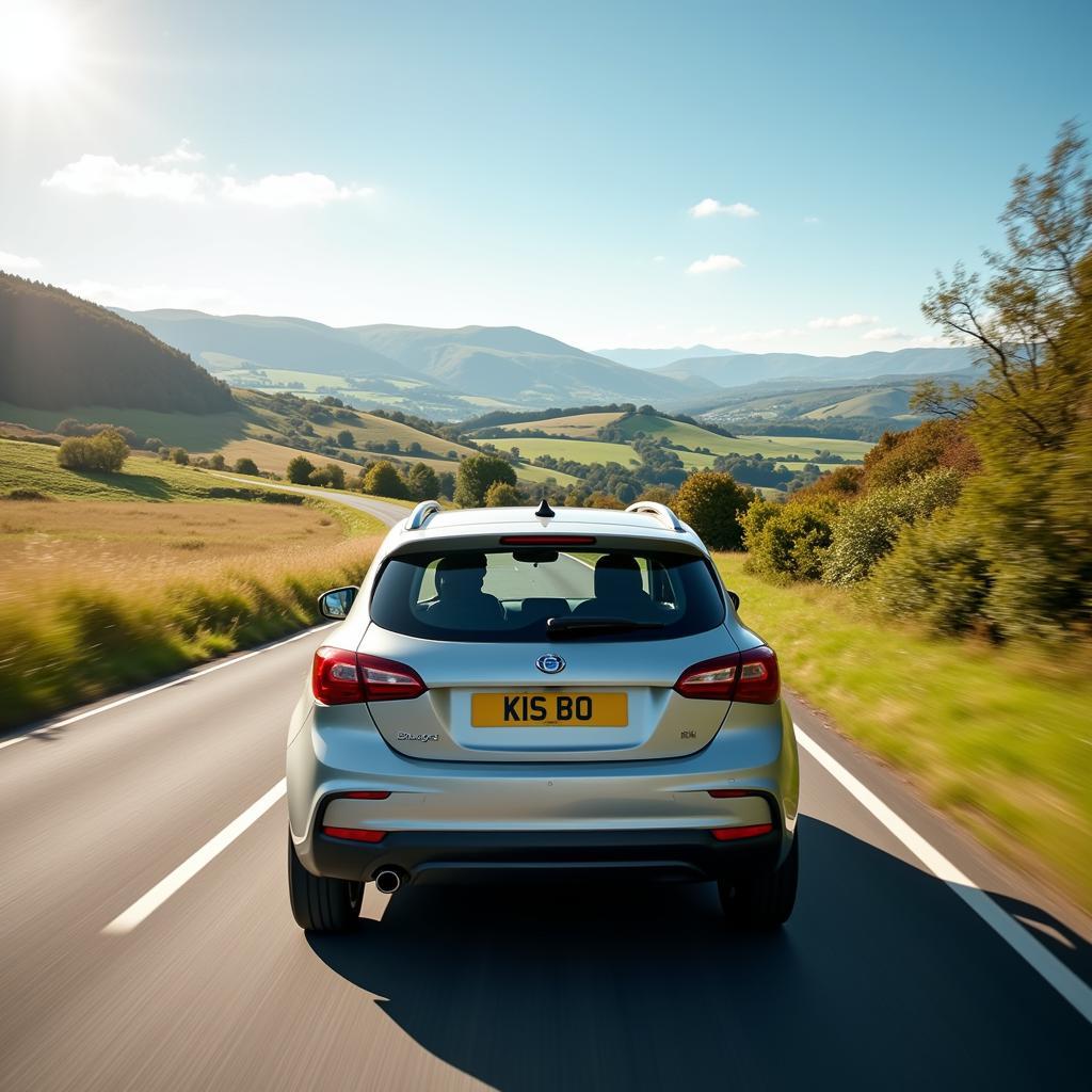 A Budget rental car driving on a scenic UK road.