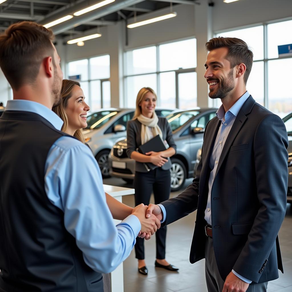 Happy couple collecting their budget rental car