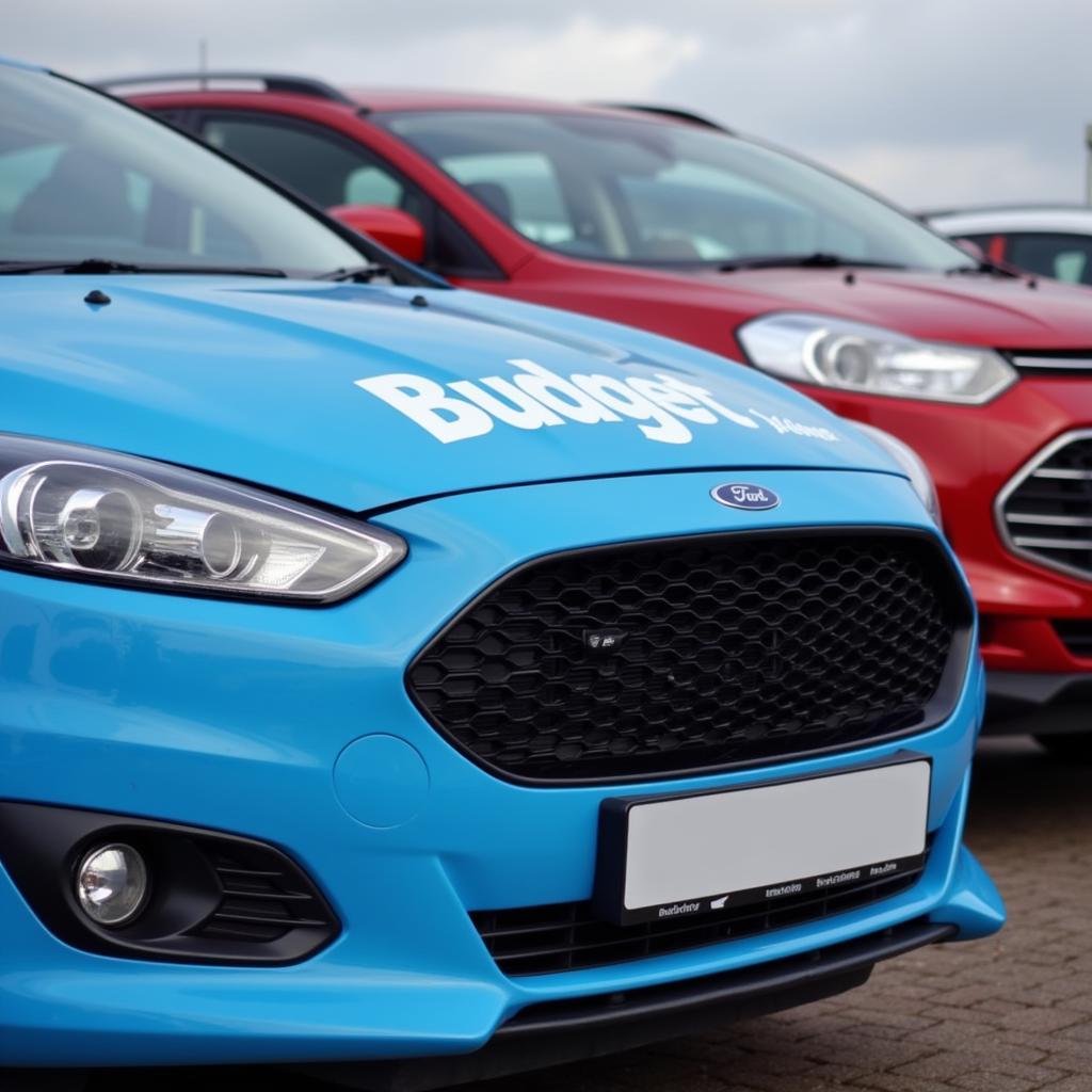 Various Budget rental cars parked at Luton Airport.