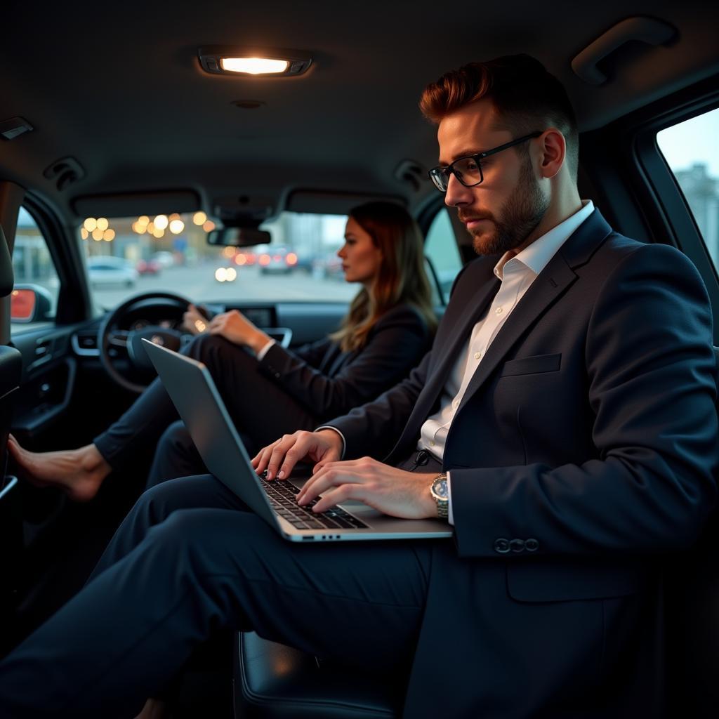 A business traveler working in the back of an airport car