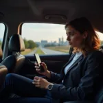 Business Traveler Using Uber App on Smartphone