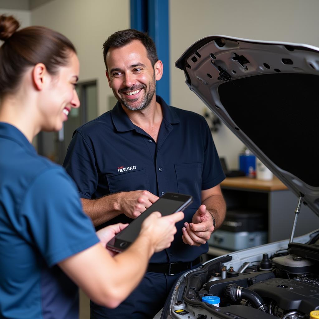 Customer discussing car repair with mechanic in Busselton