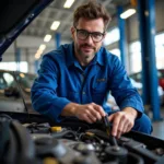 Calgary mechanic diligently working on a car engine