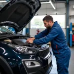 Mechanic inspecting a car in a Camspie car service garage