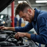 Mechanic looking confused while working on a car