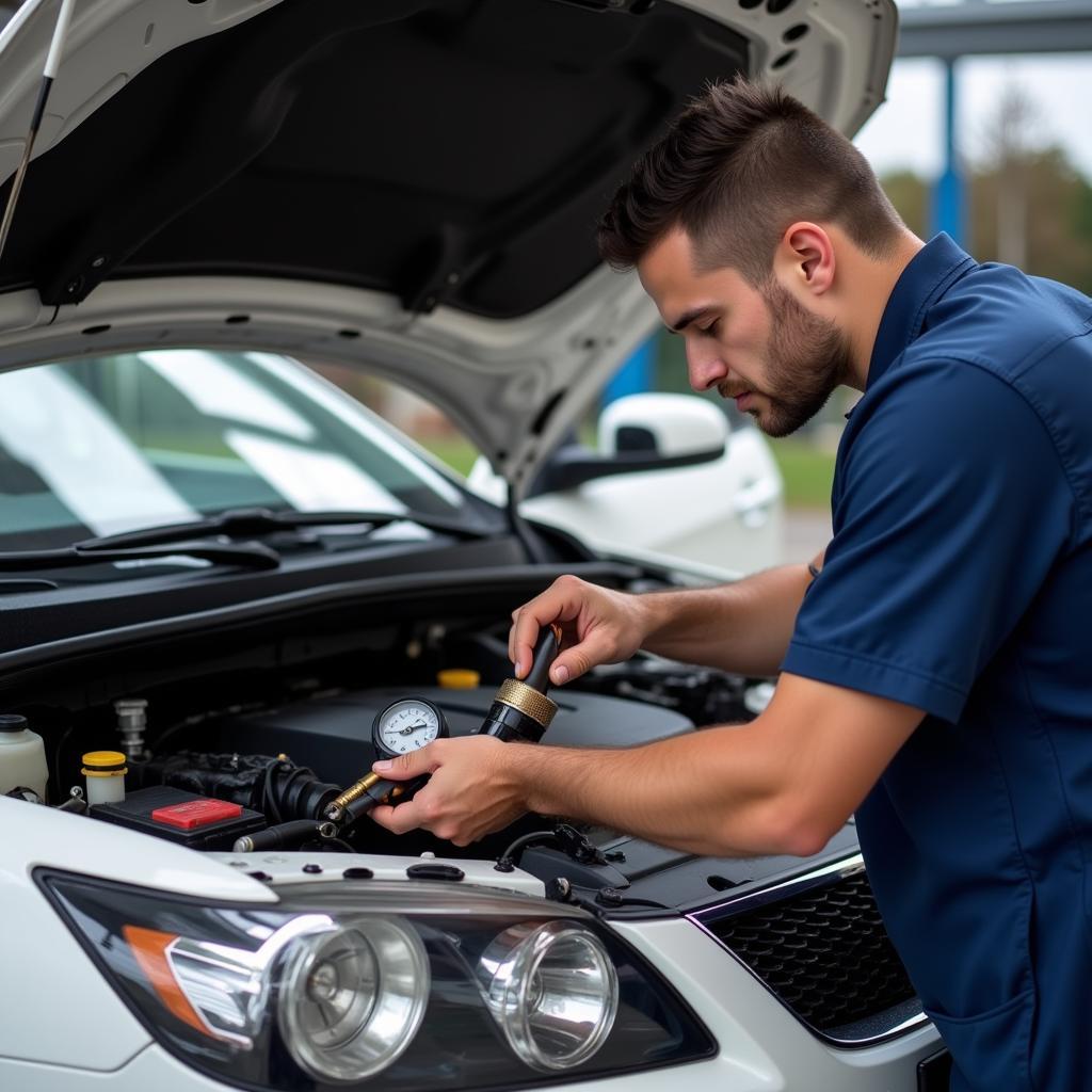 Mechanic Inspecting Car AC System for Warm Air Problem