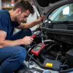 Mechanic Inspecting for Car AC Refrigerant Leaks