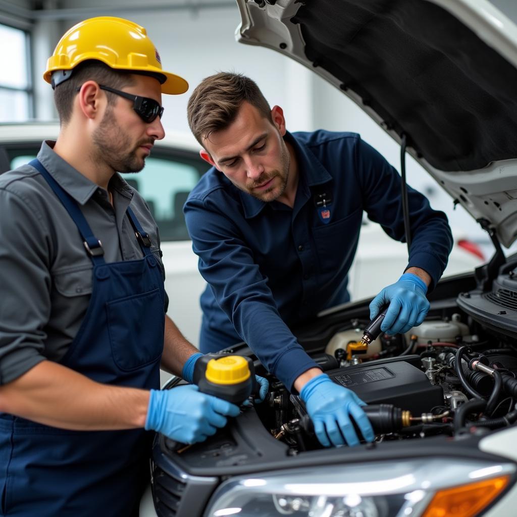 Car AC Service Technician Checking Refrigerant