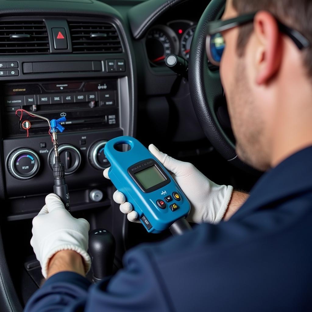 Car AC Service Technician Checking Refrigerant Levels