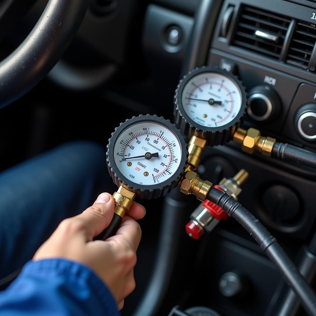 Car AC service technician checking refrigerant