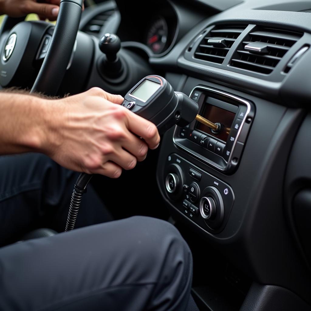 Mechanic inspecting a car AC system