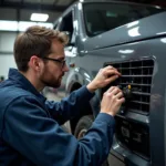 Car air con service in Sheffield technician inspecting a vehicle's AC system