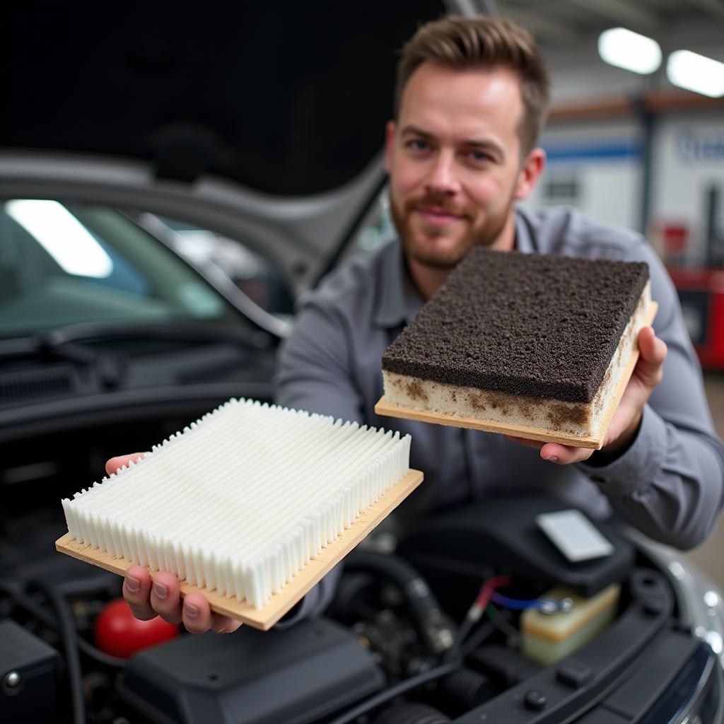 Mechanic replacing dirty car air filter