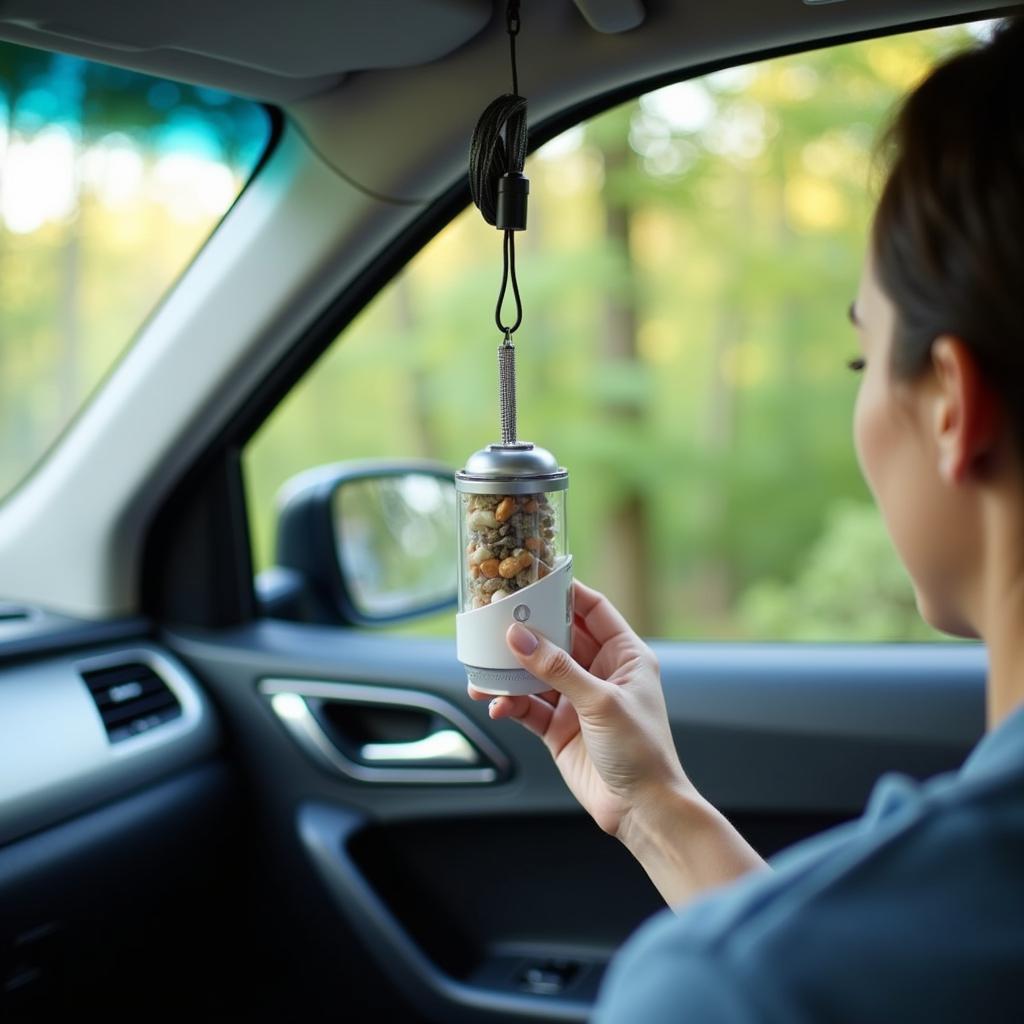 Car air freshener hanging from the rearview mirror