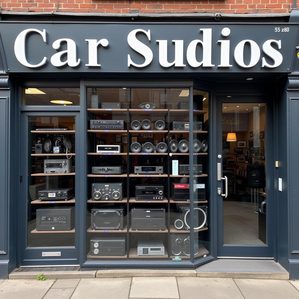 A bustling car audio shop in Leicester showcasing a wide array of products