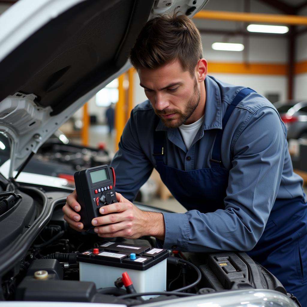 Mechanic checking car battery with voltmeter