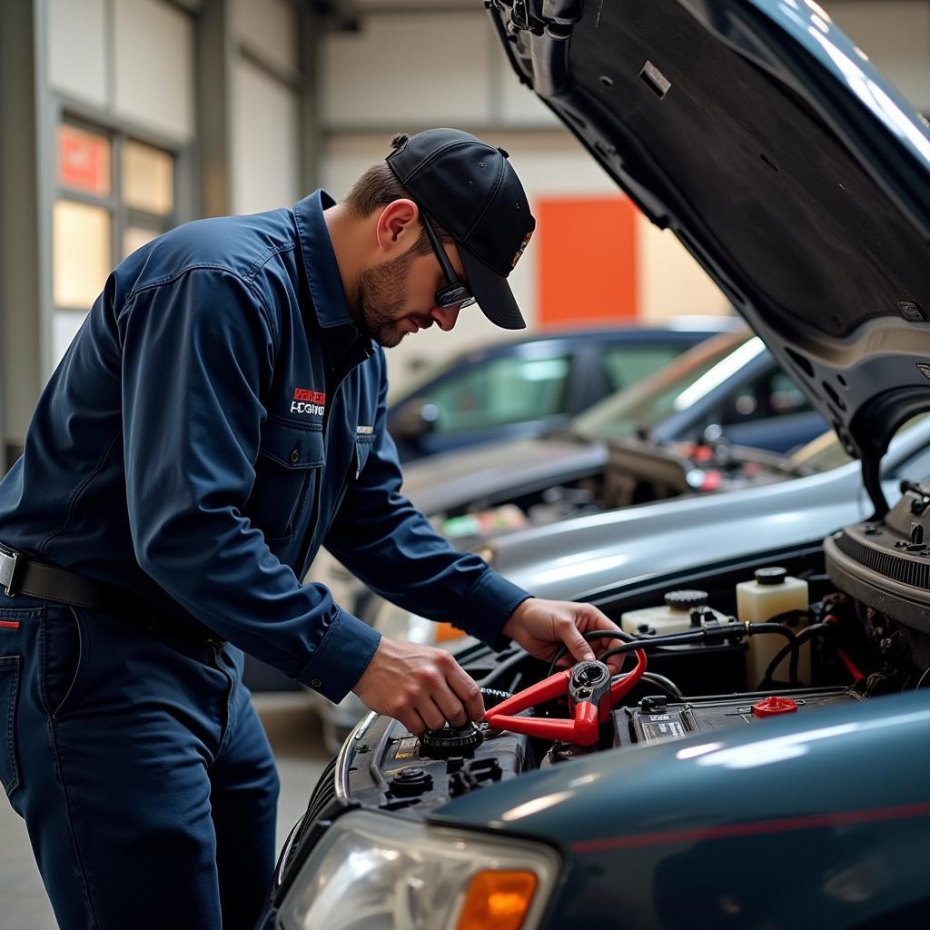 Car Battery Jump Start by a Service Professional