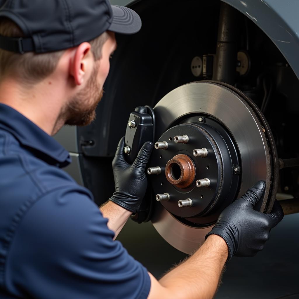 Mechanic Inspecting Car Brake Pads and Rotors