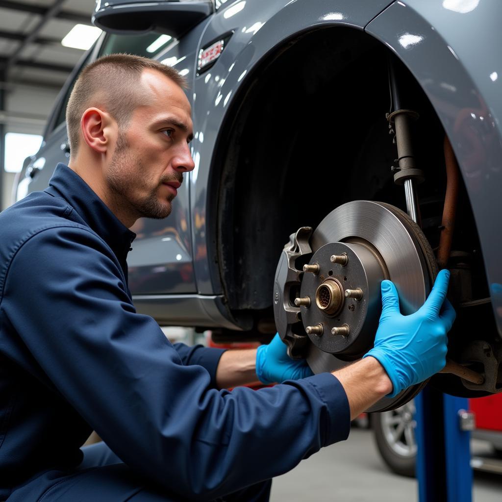 Mechanic inspecting car brake system