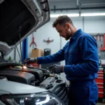 Mechanic performing a car checkup in a garage