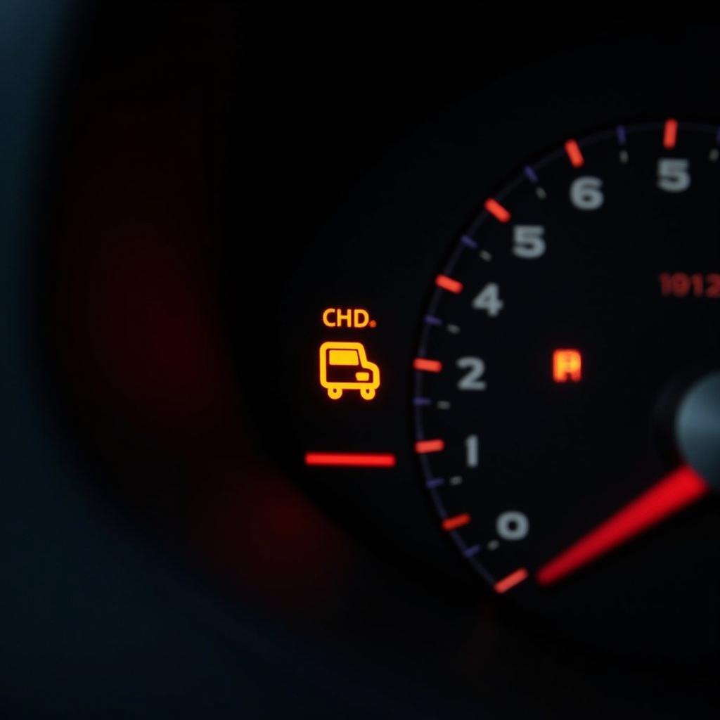 Car dashboard with a check engine warning light illuminated