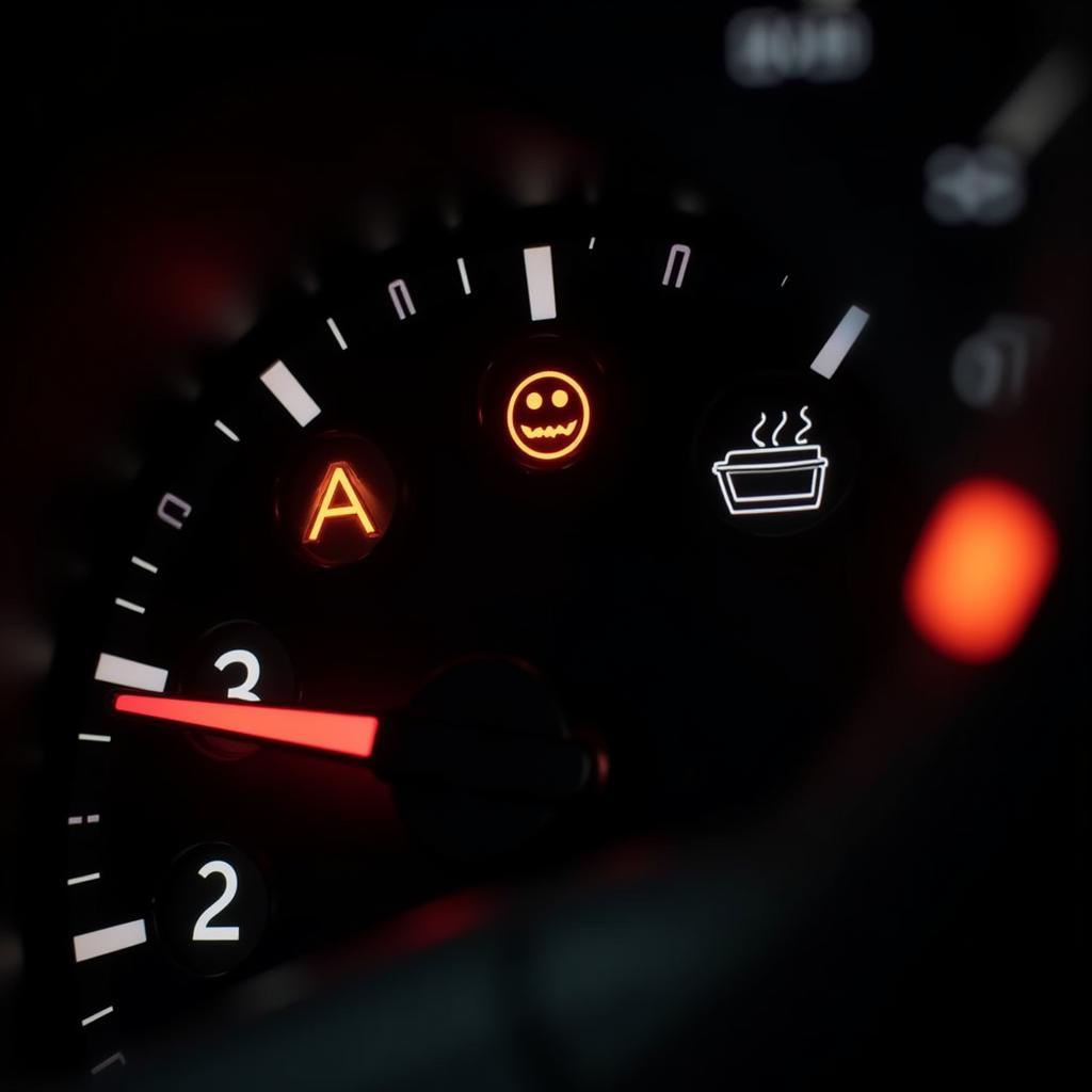 Dashboard of a car with illuminated warning lights