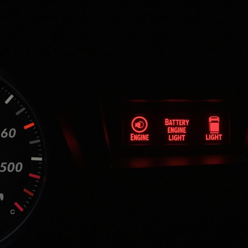 Car dashboard with multiple warning lights illuminated.