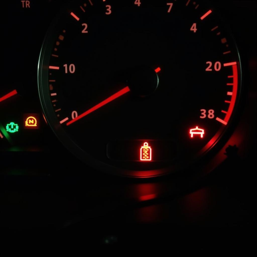 Car dashboard illuminated with various warning lights