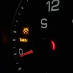 Dashboard illuminated with multiple warning lights, including check engine, oil pressure, and tire pressure.