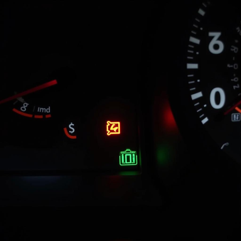 Car dashboard illuminated with various warning lights