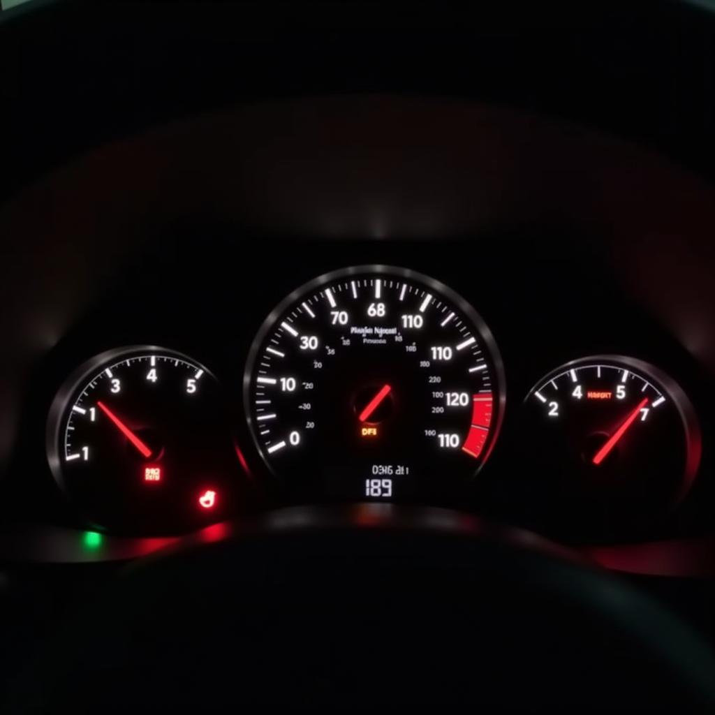 Car dashboard with warning lights illuminated