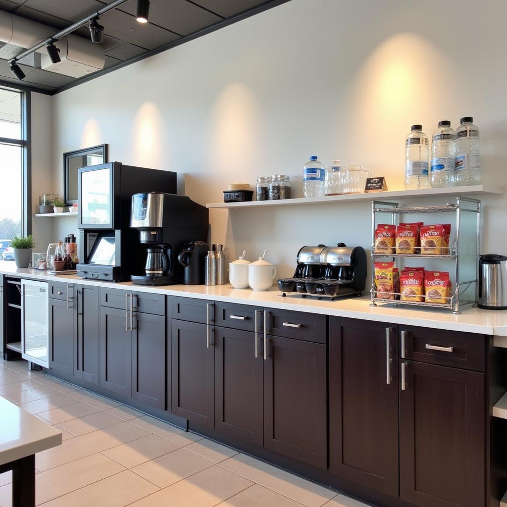 An inviting refreshment station at a car dealership, fully stocked with coffee, tea, snacks, and water.