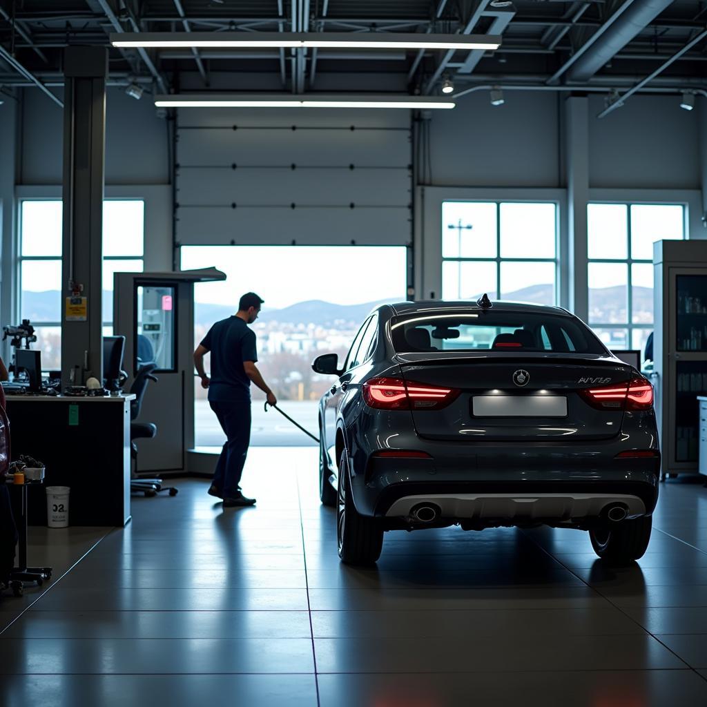 Car Being Serviced in a Dealership Bay