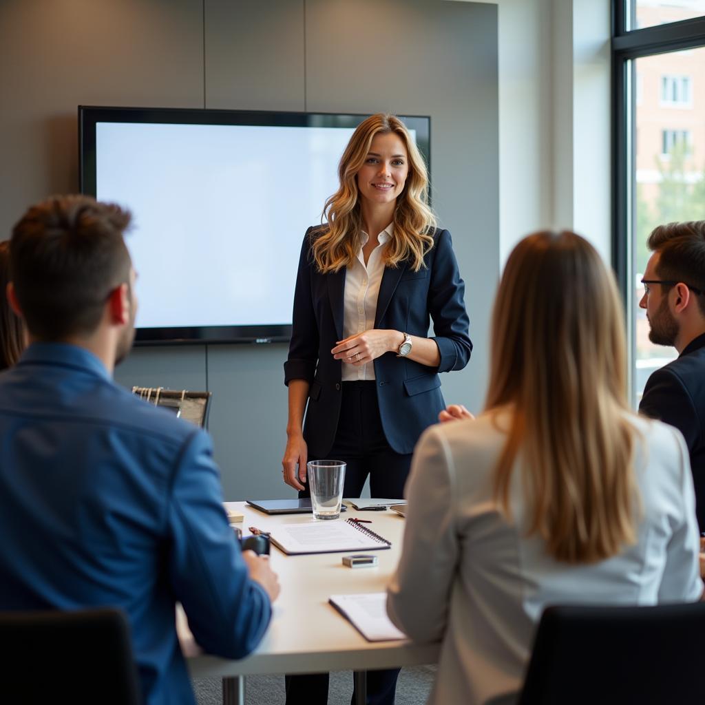 Assistant service manager leading a team meeting in a car dealership service department