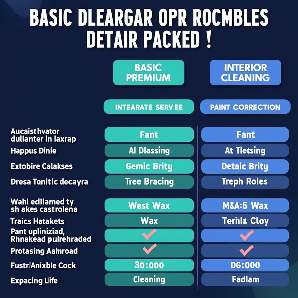 Chart comparing different car detailing packages