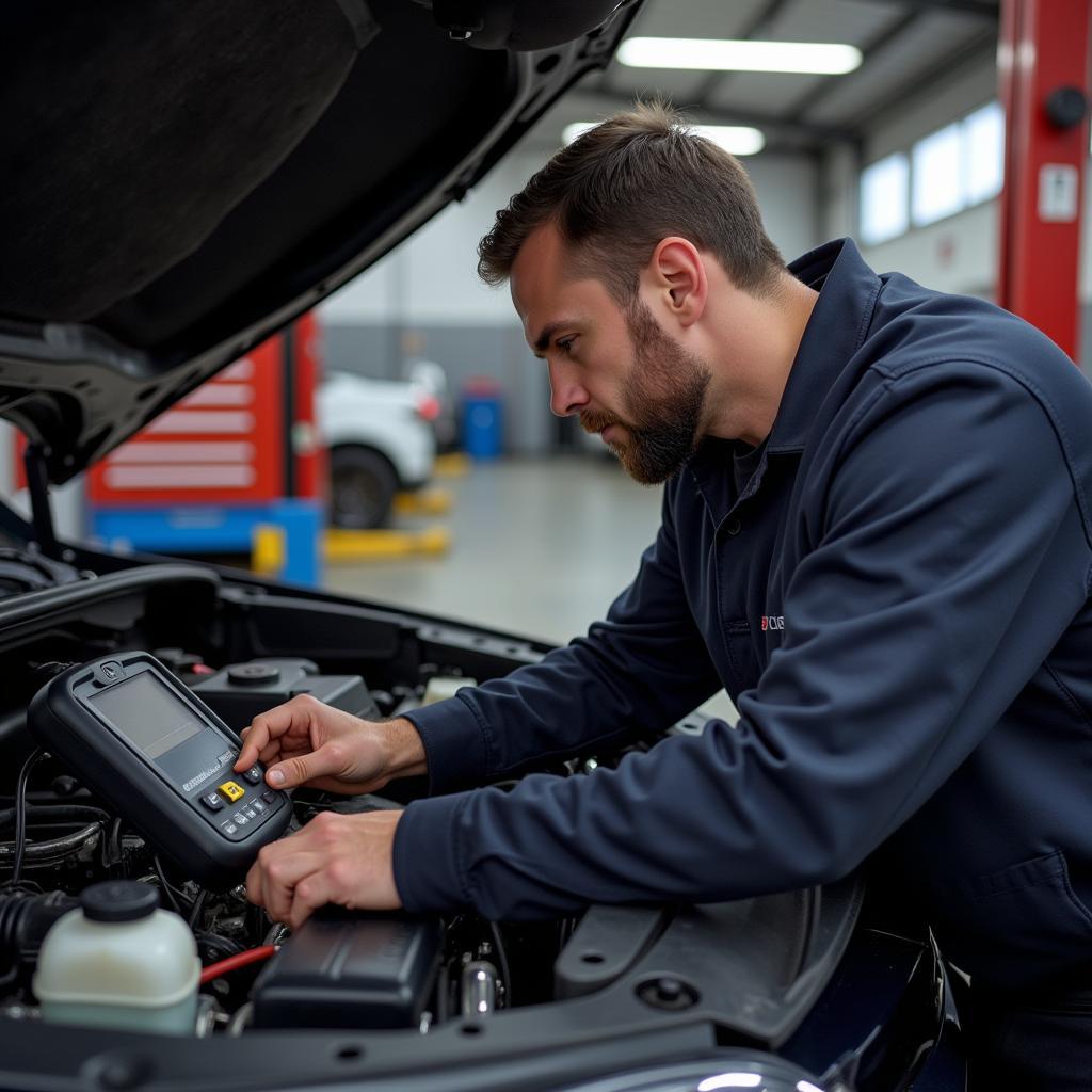 Mechanic using a diagnostic tool on a car in Daventry