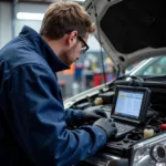 Close-up of car diagnostic equipment being used by a mechanic in Lawrenceville