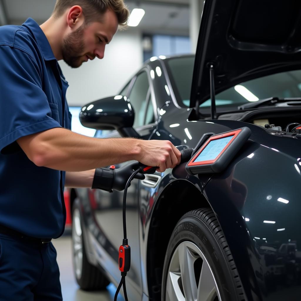 Mechanic using advanced car diagnostic equipment in New Milton