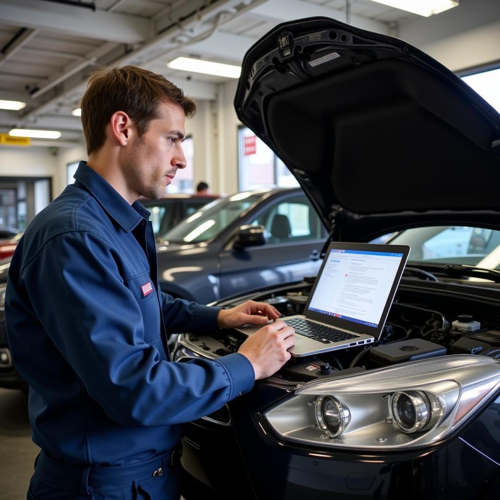 Mechanic using advanced diagnostic tools on a car