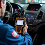 Mechanic performing a car diagnostic test